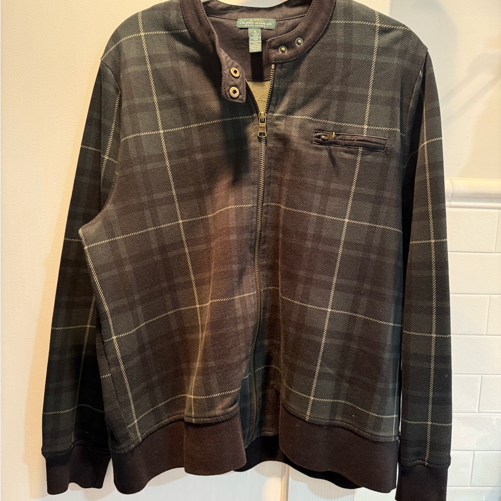 LRL Lauren Jeans Co.-Black watch Plaid Zip Bomber Jacket, Black, Size XL